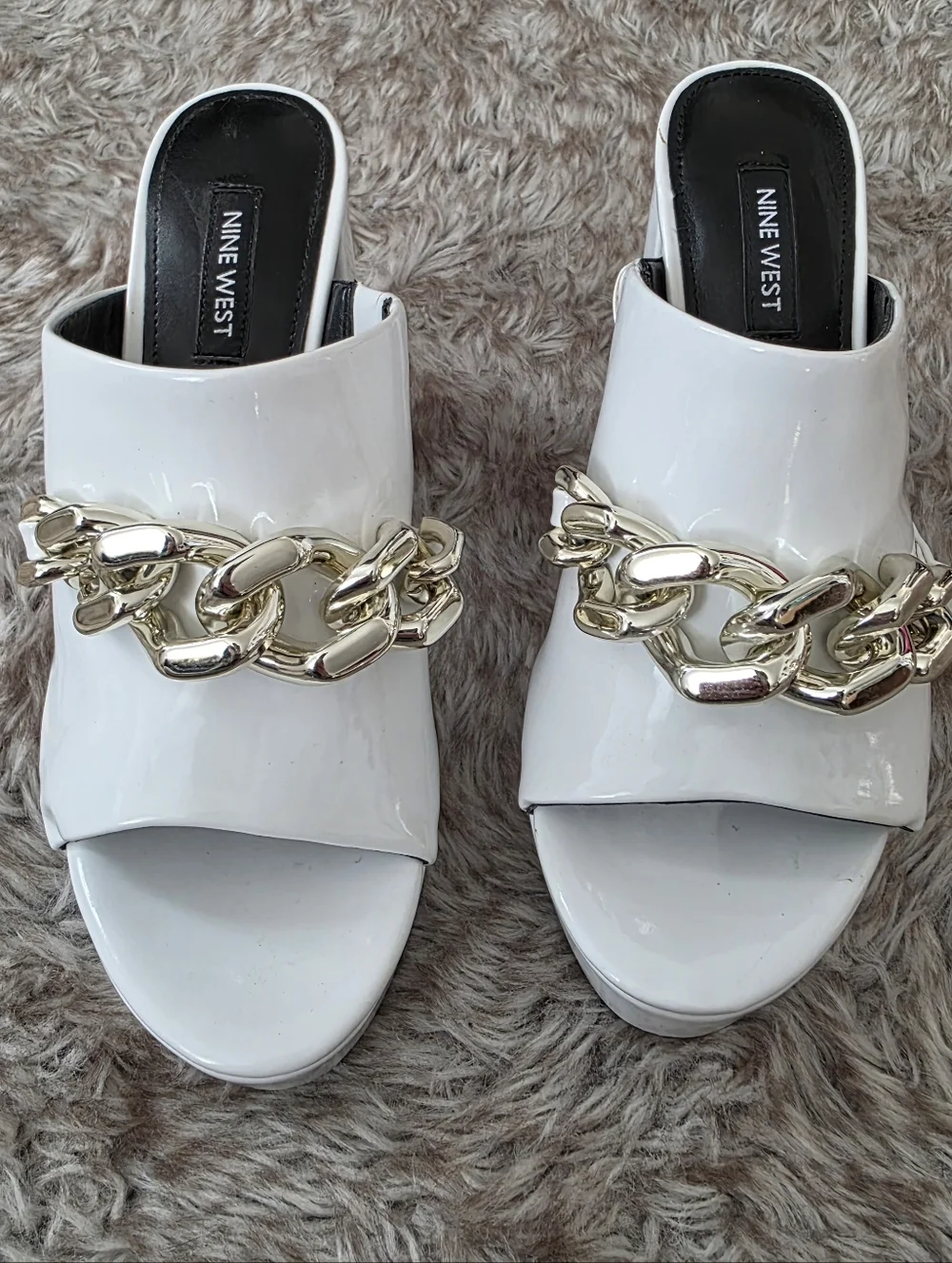 Nine West Relee White Rounded Open Toe‎ Chain Detail Platform Heels Women's 6.5